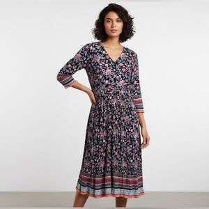 Westbound Black Floral V-Neck Midi Dress with Pink Accents